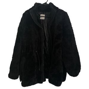 ZARA Women's Black Teddy Jacket Full Zip Drawstring Waist XL Long Sleeve Cozy